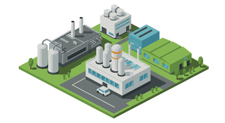 Fototapeta premium Isometric industrial complex with modern green roofs and eco-friendly infrast…