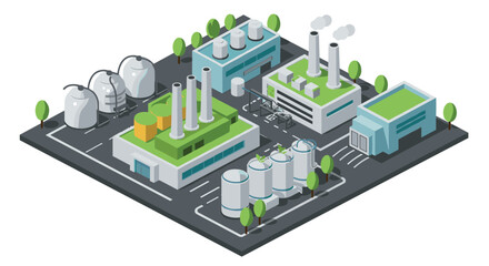 Isometric industrial complex with factories and green roofs