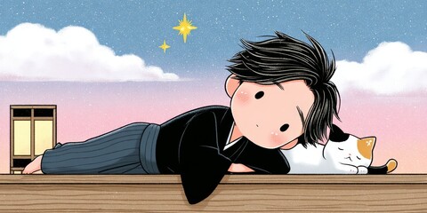 Chibi-style illustration of a figure and a cat relaxing outdoors at dusk.