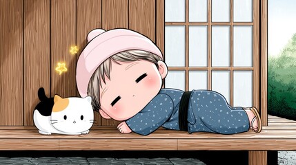 A child and a cat napping on a wooden veranda in a traditional setting.