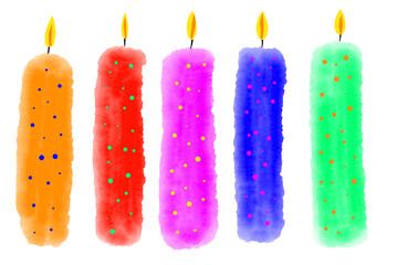 Digital gezeichnete bunte Kerzen mit Flamme im Aquarell Stil.