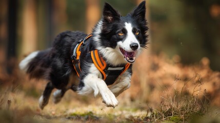 Fototapeta premium Happy border collie runs joyfully through a forest during a sunny afternoon