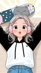 Anime-style girl lying down with a cat resting on her skateboard.