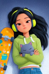 A young girl with headphones and a cat,resting by a skateboard under a starry night sky.