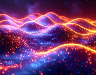 Fototapeta premium Abstract glowing waves cascade with vibrant blue and orange lights, depth of field