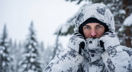 Man in winter camouflage gear in a snowy forest. Portrait of a soldier in tactical clothing for cold weather. Survival concept with copy space