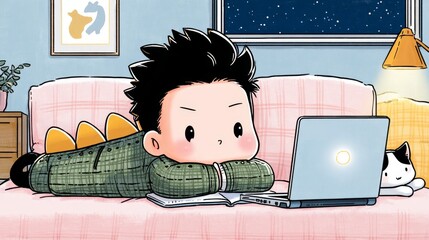 A cute child in a dinosaur onesie lies on a couch looking at a laptop,with a cat nearby,under a starry night sky.