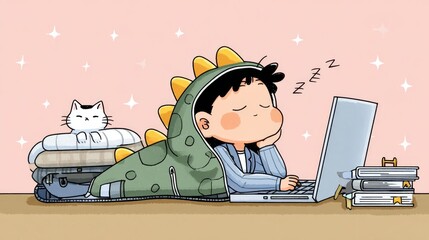 Cartoon of a child in a dinosaur hoodie sleeping at a laptop with a cat nearby.