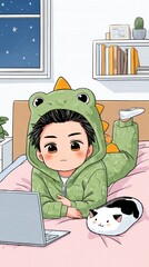 A Young Boy in a Dinosaur Onesie Using a Laptop with a Loaf Cat Beside Him