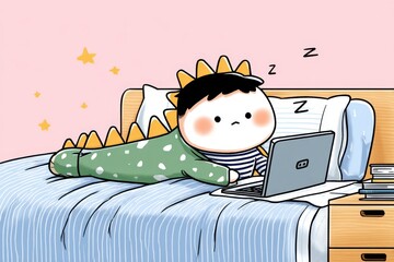 Cartoon character in a dinosaur sleeping bag working on a laptop in bed