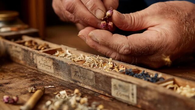 Detailed view of niche hand stemming with delicate fingers sorting plant material in a rustic handcrafted setting.