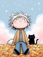 A cheerful character with cat ears sits with a black cat amidst autumn leaves under a starry sky.