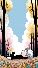 A person and a cat resting on the ground amidst autumn scenery under a bright sky.