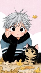Cute anime boy with silver hair and a tabby cat surrounded by autumn leaves.