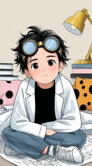 Young scientist in goggles and lab coat sitting cross-legged