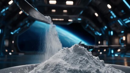 Medium shot of wheat analog flour mix being poured into a bowl in a futuristic kitchen setting highlighting sustainable space agriculture - Powered by Adobe