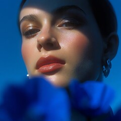 Close-up portrait of a woman with dramatic blue lighting and high-shine makeup against a bright blue background.