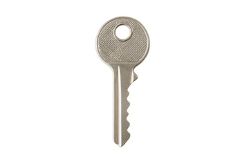 A close-up shot of a single key, highlighting its details and functionality. This metallic key is perfect for concepts like security and access