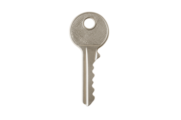 A close-up shot of a single key, highlighting its details and functionality. This metallic key is perfect for concepts like security and access