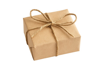 A beautifully wrapped gift box with a twine bow. The box is made of brown paper, tied with natural twine