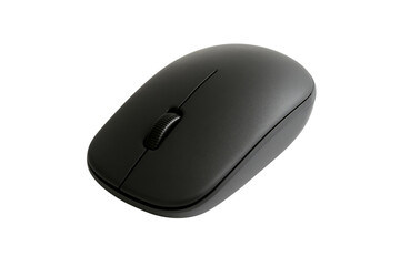 A sleek, wireless black computer mouse on a clean background. The mouse features a scroll wheel and two buttons