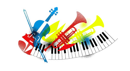 Vibrant musical instruments and piano keys arranged in a dynamic composition symbolizing harmony and creativity.