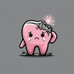 Sad Cartoon Tooth Character with a Cracked Crown
