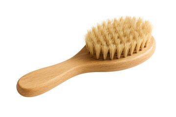 A close-up shot of a wooden brush with soft bristles