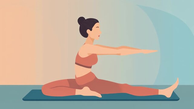 Vector illustration of a woman in a tranquil yoga pose, stretching on a mat, embodying health, wellness, and mindful fitness practices