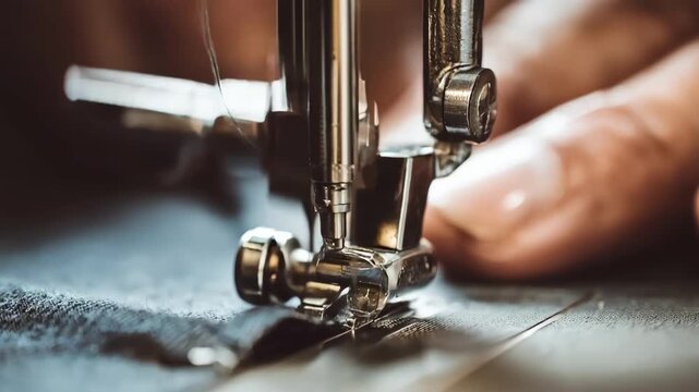 Closeup medium shot of a sewing machine operator manually adjusting thread tension knob to achieve precise stitch quality on fabric.