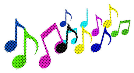 Colorful Musical Notes in a Row on White Background.