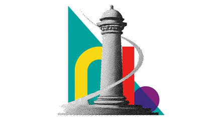 Abstract Lighthouse With Geometric Shapes And Swirls.