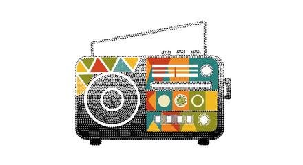 Stylized Portable Radio with Colorful Abstract Design on White Background.