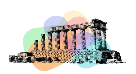 Ancient Greek Parthenon Temple with Colorful Abstract Background.