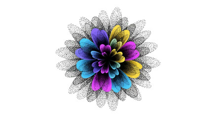 Vibrant abstract flower with a colorful center and sketched petals.