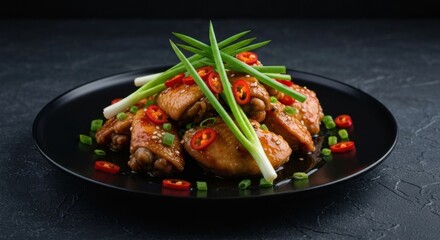 Fototapeta premium Plated chicken wings with garnish on a dark background