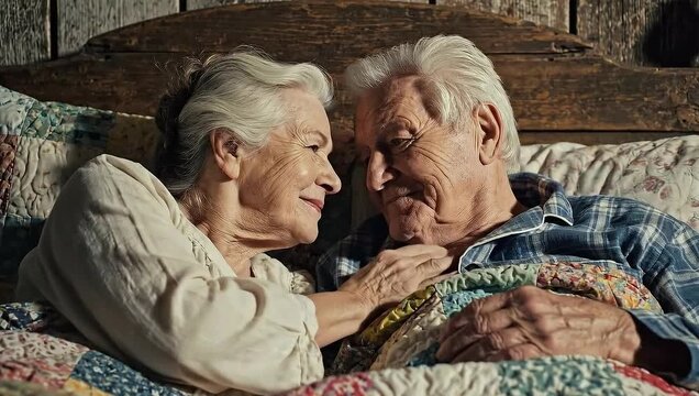Senior Couple Resting Comfortably in Bed Together Smiling Lovingly