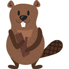 Cute Cartoon Beaver Holding Wood Pieces Standing Isolated Transparent Background Vector Illustration © Della