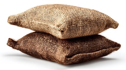 Two simple burlap sandbags stacked neatly on top of each other, isolated against a pure white background with soft lighting showing woven detail.
