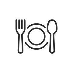 Plate with fork and spoon, linear icon. Table setting for a meal. Line with editable stroke.