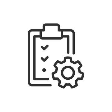 Clipboard with checklist and gear, linear icon. Task planning and configuration. Line with editable stroke.