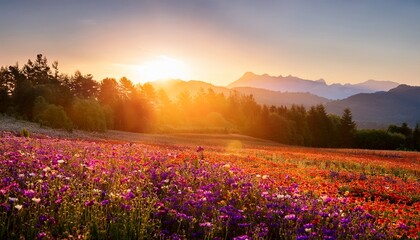 Obraz premium Vibrant Flower Field Glowing In Golden Sunrise