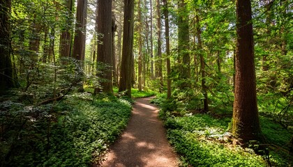 Obraz premium Forest Trail Surrounded By Lush Green Trees And Undergrowth On Sunny Day