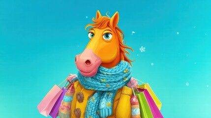 Funny tired horse carrying many Christmas gifts during holiday shopping rush.