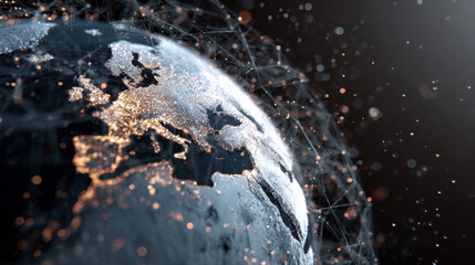 Digital globe with data connections around Earth, floating particles