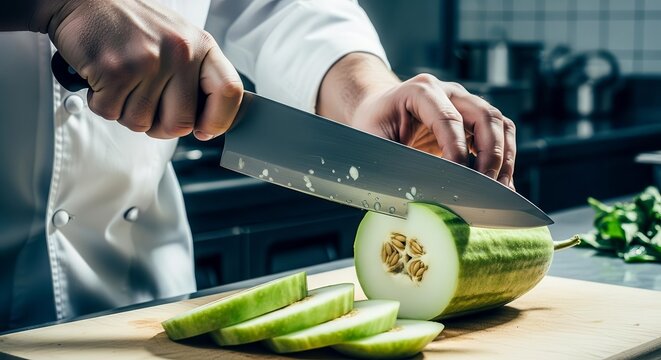 A Chef Expertly Slices Fresh Melon Using Sharp Knife Preparing Cuisine for Meal - Powered by Adobe