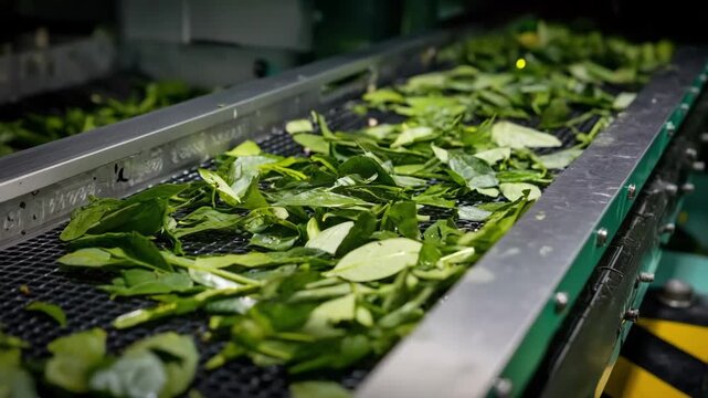Closeup of an adaptive conveyor belt dynamically shifting leaves using embedded sensors to enhance throughput and reduce manual intervention