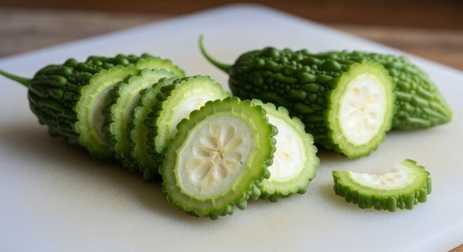 Sliced, bitter melon on a cutting board, ready for cooking