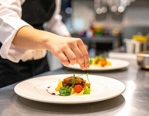 Chef's Hand Garnishing Exquisite Plated Dish with Fresh Herbs in Kitchen