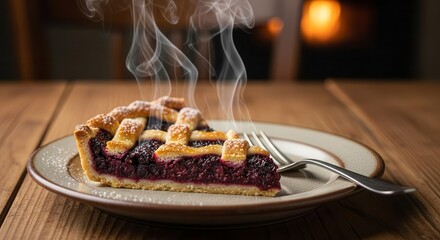 A Slice Of Warm Berry Pie Presented With A Fork On A Wooden Table